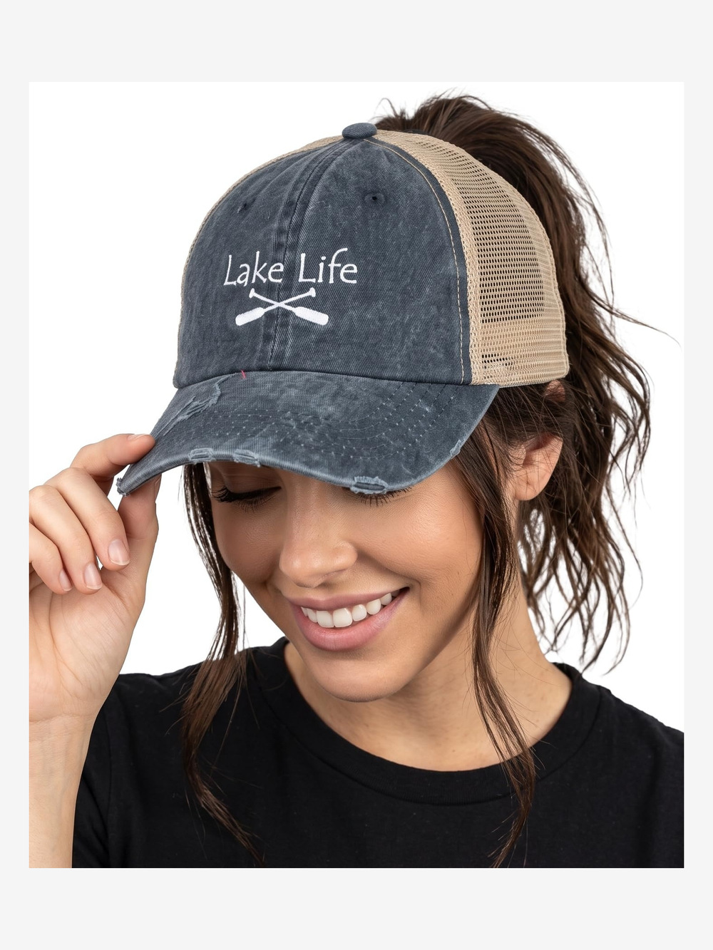 Criss Cross Ponytail Cap, Messy Bun Distressed Baseball | Blue, Tan | Size OS
